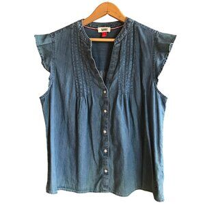 Tommy Jeans Pleated Denim Shirt, Flutter Sleeves Low V-Neck Button-Down Sz Large